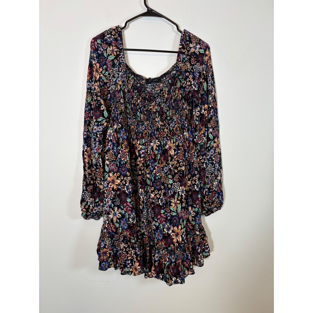 Oak & Trellis Floral Smocked Mini Dress XL Long Sleeve Ruffle Hem Boho Western - Picture 2 of 7